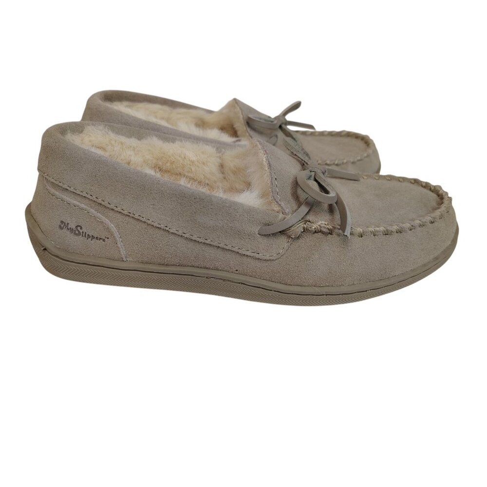 My Slipper Women Size 6 Memory Foam Leather Suede Moccasin Slipper Gray Faux Fur